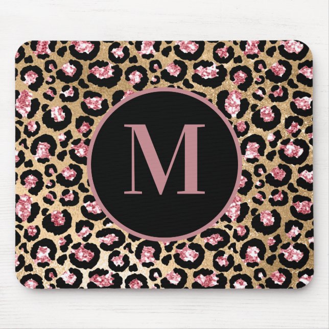 Mousepad Monograma de Impressão Leopardo Preto-Rosa-na moda (Frente)