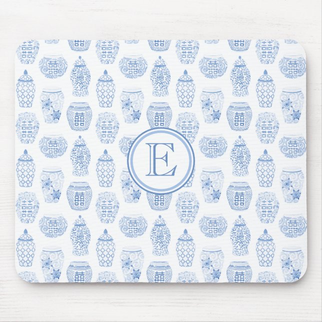 Mousepad Monograma De Jar De Gengibre Branco E Azul-Feminin (Frente)
