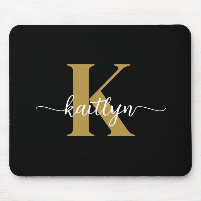 Mousepad Monograma de Letra Cursiva em Preto e Dourado (Frente)