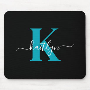 Mousepad Monograma de Letra de Cursiva Azul Moderno Preto