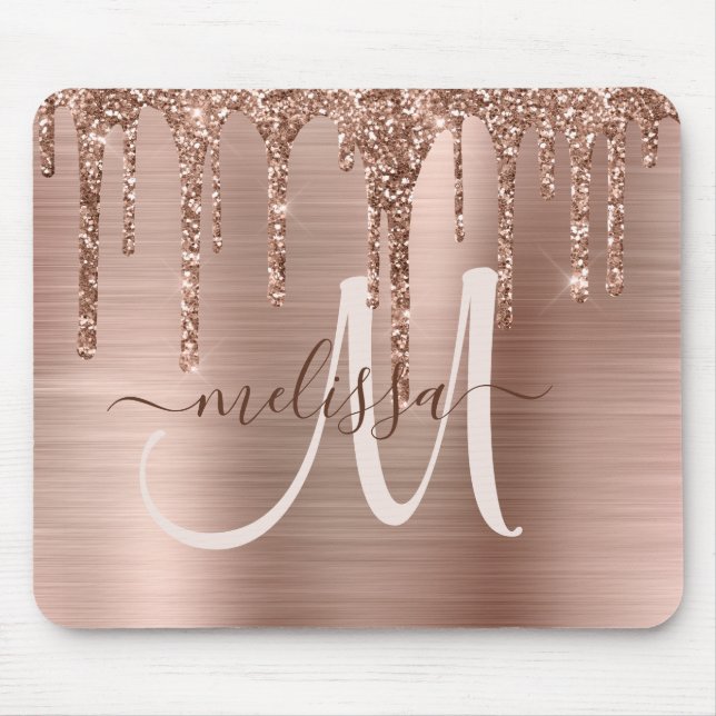 Mousepad Monograma de Lixo Dourado de Rosa Chic (Frente)