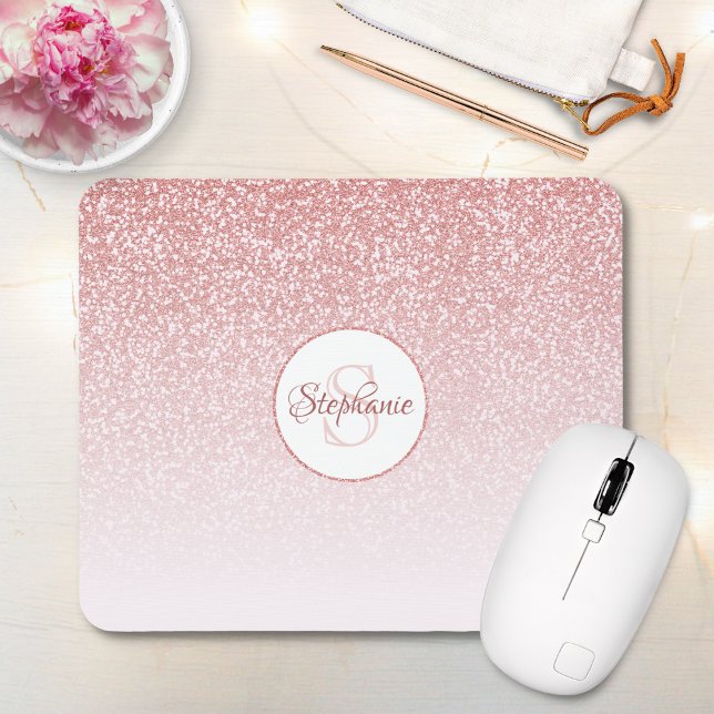 Mousepad Monograma de Mão Rosa Cinzenta com Brilho Dourado  (Criador carregado)