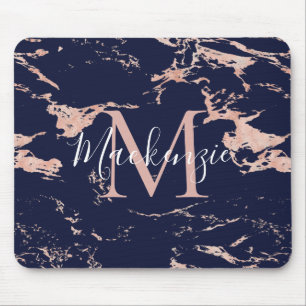Mousepad Monograma de mármore azul Rosa Marinho de folha de