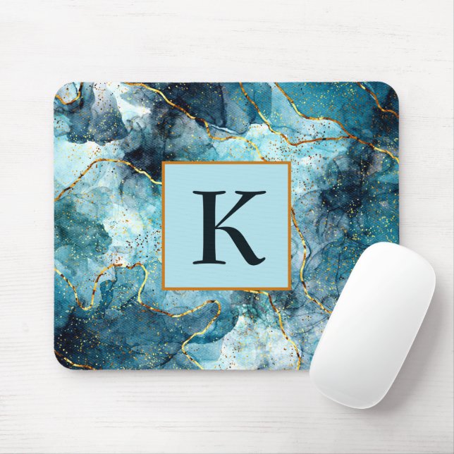 Mousepad Monograma de mármore brilhante azul e dourado (Com mouse)