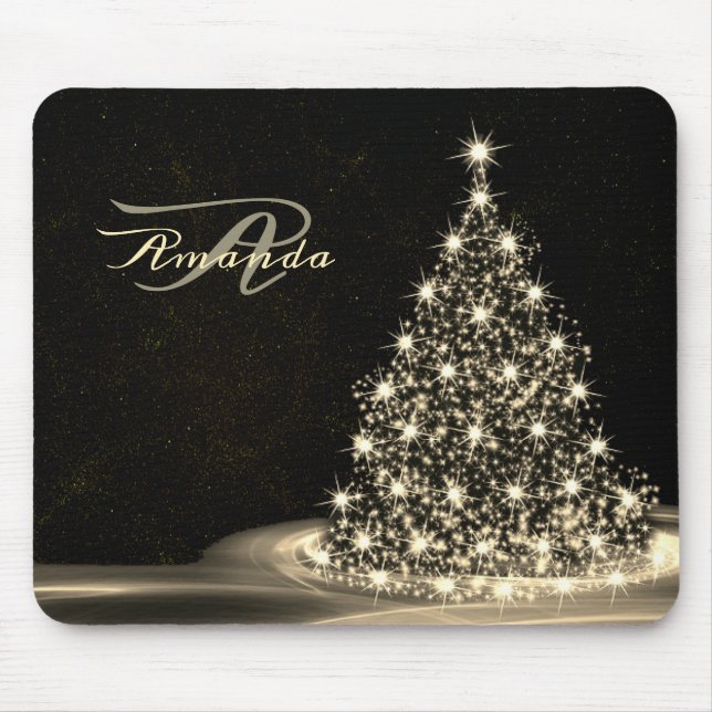 Mousepad Monograma de Natal Árvore Dourada Brilhante Invern (Frente)