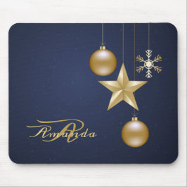 Mousepad Monograma de Natal Enfeites Dourados Azul Naval