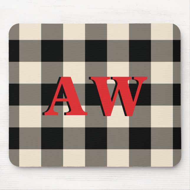 Mousepad Monograma de Natal Red Ivory Black Gingham (Frente)