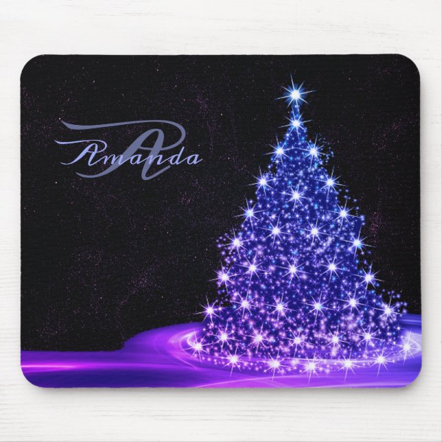 Mousepad Monograma de Natal Rosa Azul Inverno Preto Rústico (Frente)