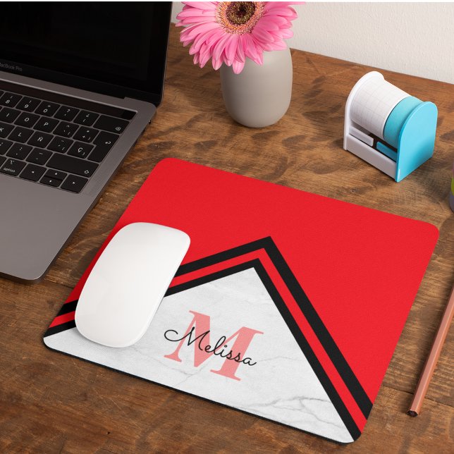 Mousepad Monograma de Nome com Chevron Preto e Vermelho Mod (Criador carregado)