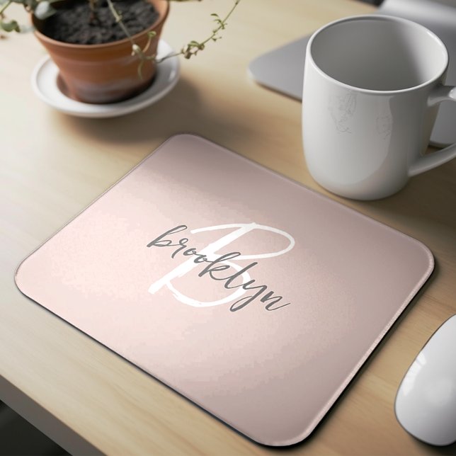 Mousepad Monograma de Nome em Script Rosa Bege Cinza Tendên (Criador carregado)