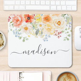 Mousepad Monograma de Nome Personalizado Aquarela Floral En
