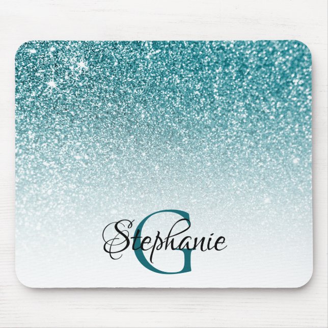 Mousepad Monograma de Ombre Branco de Teal Bokeh (Frente)