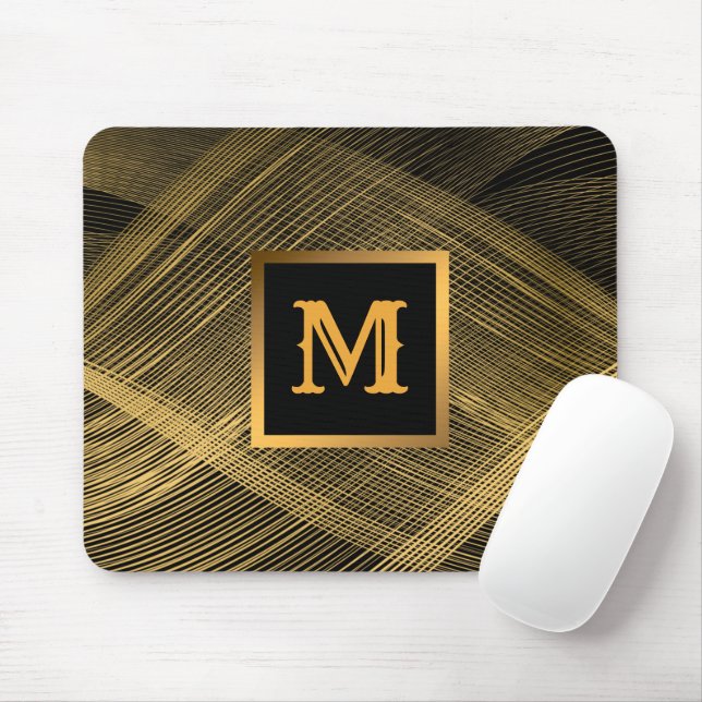 Mousepad Monograma de Onda Negra Dourada de Luxo Elegante (Com mouse)