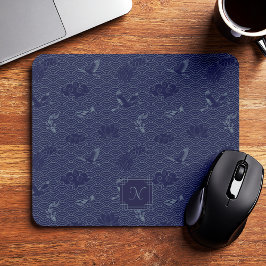 Mousepad Monograma de Ondas Tradicionais em Japonês Azul Se