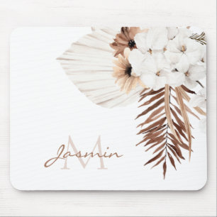 Mousepad Monograma de Orquídeas Brancas Rústicas Castanhosa