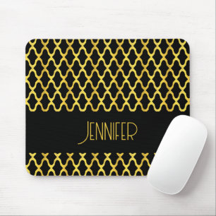 Mousepad Monograma de ouro e quatrefoil preto