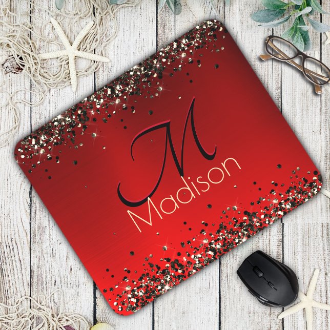 Mousepad Monograma de ouro negro e elegante (Criador carregado)