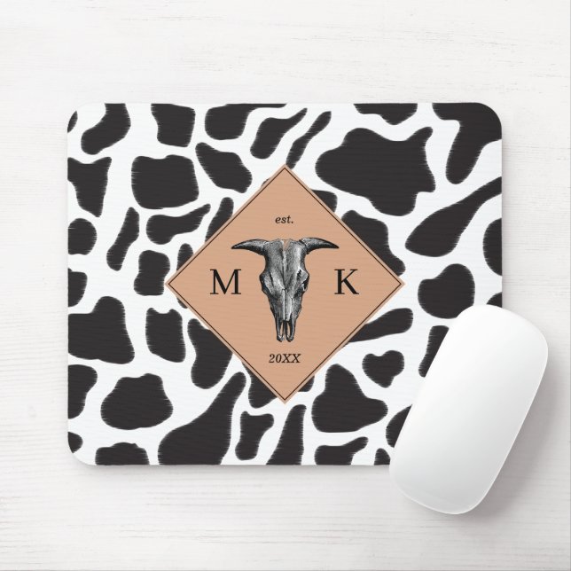 Mousepad Monograma de Padrão Animal de Vaca Preta e Branca (Com mouse)