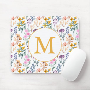 Mousepad Monograma de Padrão de Aquarela de Flor Primavera 
