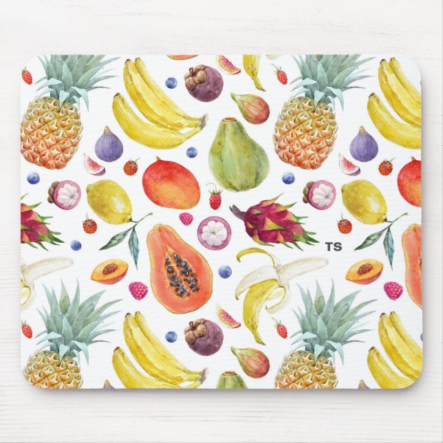 Mousepad Monograma de Padrão de Frutas de Aquarela Colorida (Frente)
