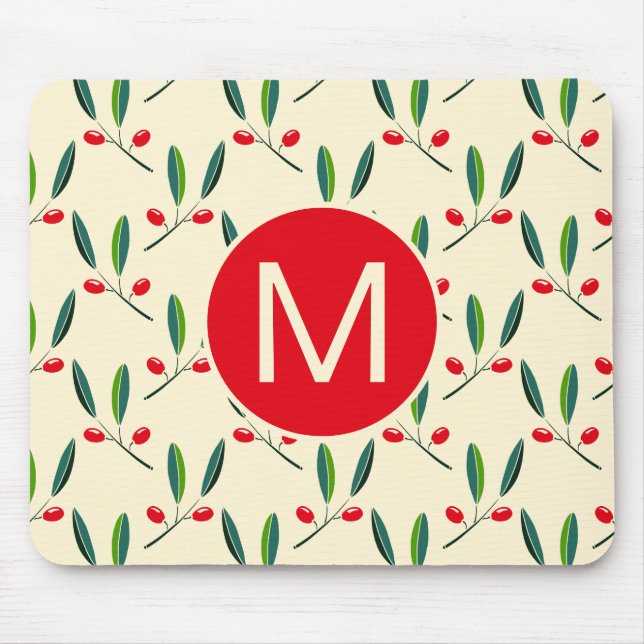 Mousepad Monograma de Padrão de Frutas Vermelhas Ilustradas (Frente)
