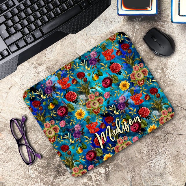 Mousepad Monograma de padrão floral azul Elegante (Criador carregado)