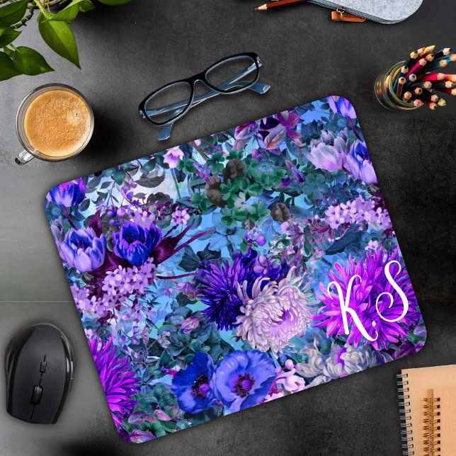 Mousepad Monograma de padrão floral de púrpuras azuis Elega (Criador carregado)