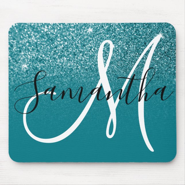 Mousepad Monograma de Poupança de Ombre de Teal Glitter (Frente)