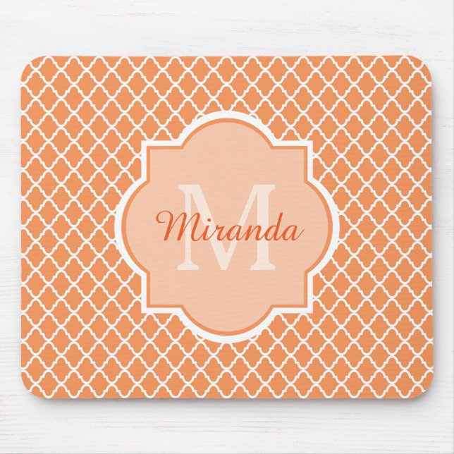Mousepad Monograma De Quatrefoil De na moda Laranja Com Nom (Frente)