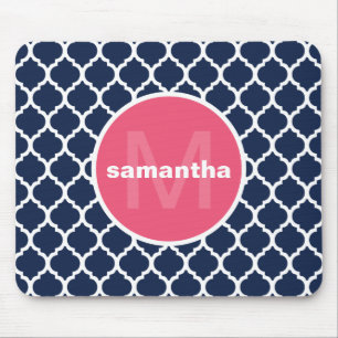 Mousepad Monograma de Quatrefoil do rosa azul e quente