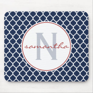 Mousepad Monograma de Quatrefoil dos azuis marinhos e do