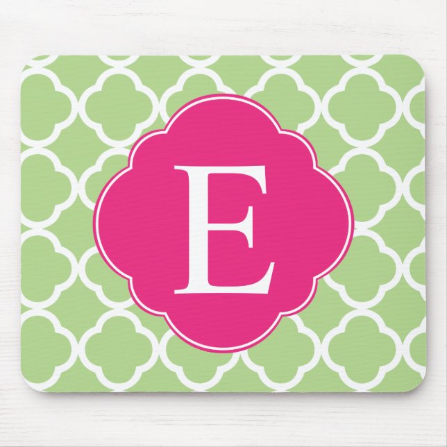 Mousepad Monograma de Quatrefoil Rosa Verde (Frente)