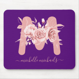 Mousepad Monograma de Rosa Dourado Floral de Cor Azul