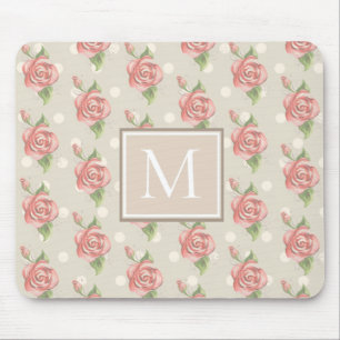 Mousepad Monograma de Rosas e Pontos Rosa bonito