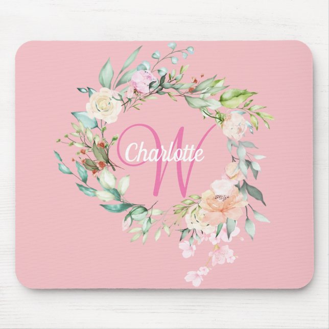 Mousepad Monograma de Rosas Florais de Inicial Bonita Rosa (Frente)