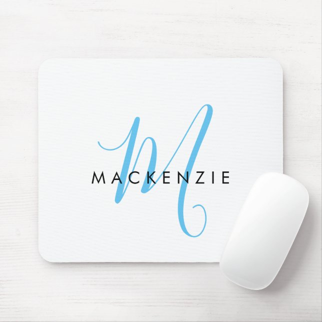Mousepad Monograma de Script Azul do Céu Branco Moderno Ele (Com mouse)