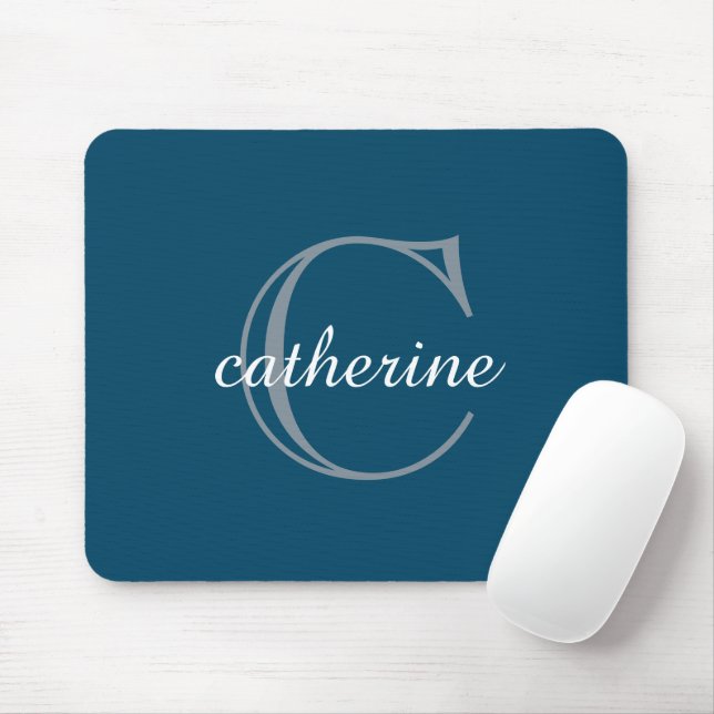Mousepad Monograma de Script Azul do Marinho Clássico (Com mouse)