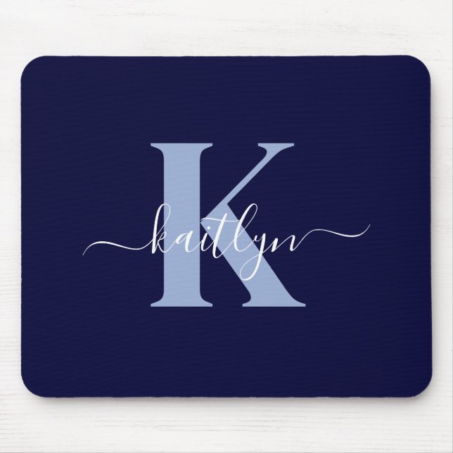 Mousepad Monograma de Script Azul do Marinho Moderno (Frente)