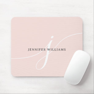 Mousepad Monograma de Script Branco Cor-de-rosa-claro e sim