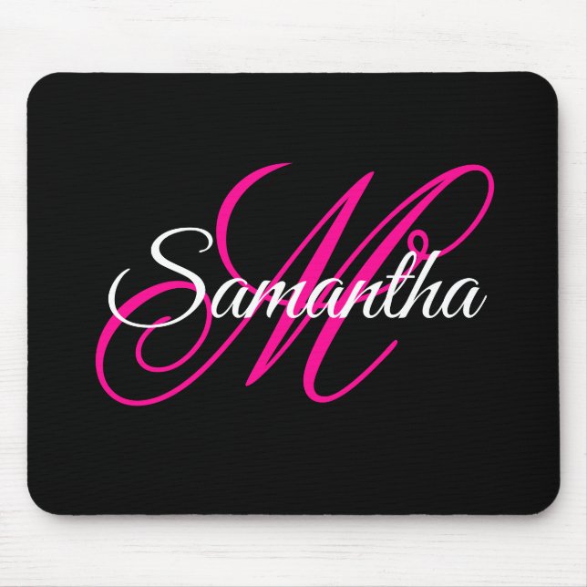 Mousepad Monograma de Script de Rico Branco Preto e Rosa Qu (Frente)