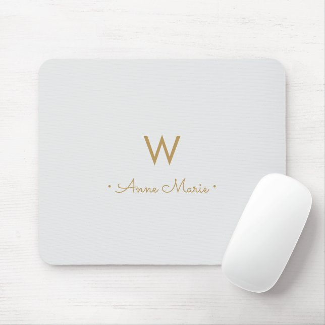 Mousepad Monograma de Script Dourado de Cinza Moderna (Com mouse)