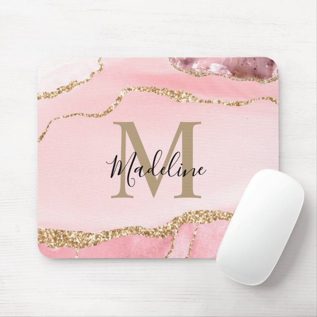 Mousepad Monograma de Script Dourado de Geodo de Agato Rosa (Com mouse)