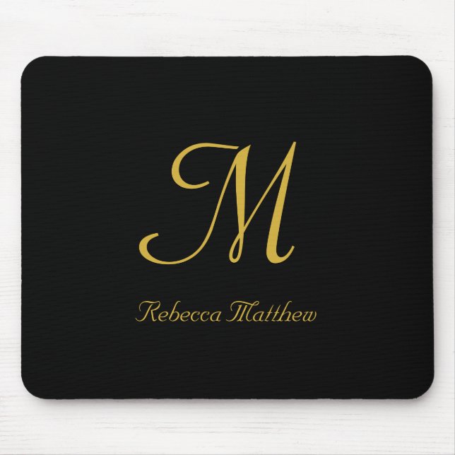 Mousepad Monograma de Script Dourado e Preto Elegante (Frente)