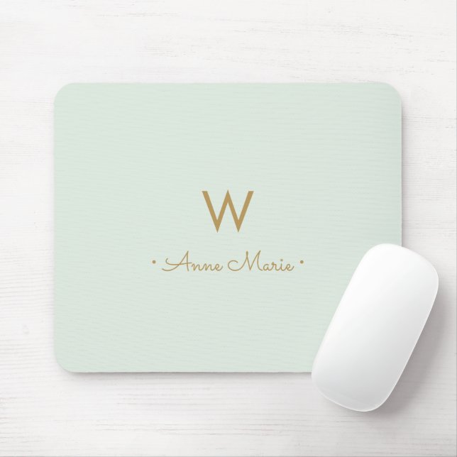 Mousepad Monograma de Script Dourado Verde do Moderno Sage (Com mouse)