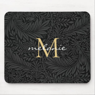 Mousepad Monograma de Script Floral Dourado Elegante Preto