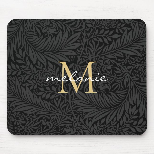 Mousepad Monograma de Script Floral Dourado Elegante Preto (Frente)