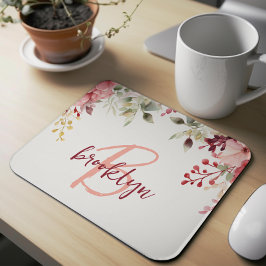 Mousepad Monograma de Script Floral Rosa Blush