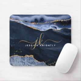 Mousepad Monograma de Script Glitter Dourado de Geodo Azul 