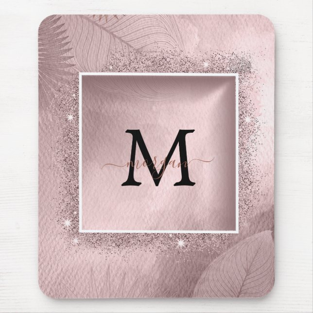 Mousepad Monograma de Script Glitter Dourado rosa (Frente)