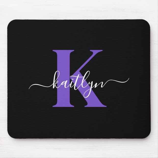 Mousepad Monograma de Script Roxo Preto Moderno (Frente)